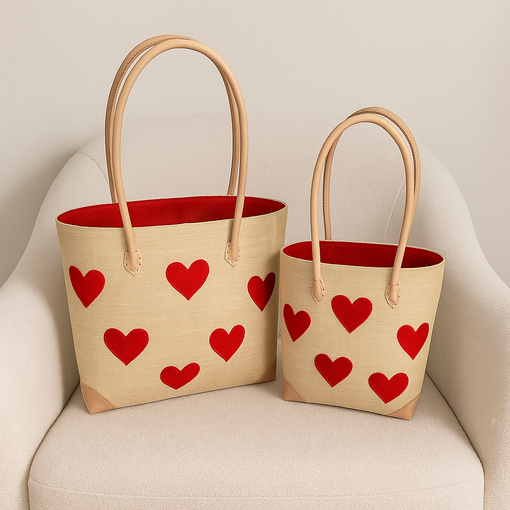Sweetheart Woven Tote Set — Natural & Red — handwoven tote