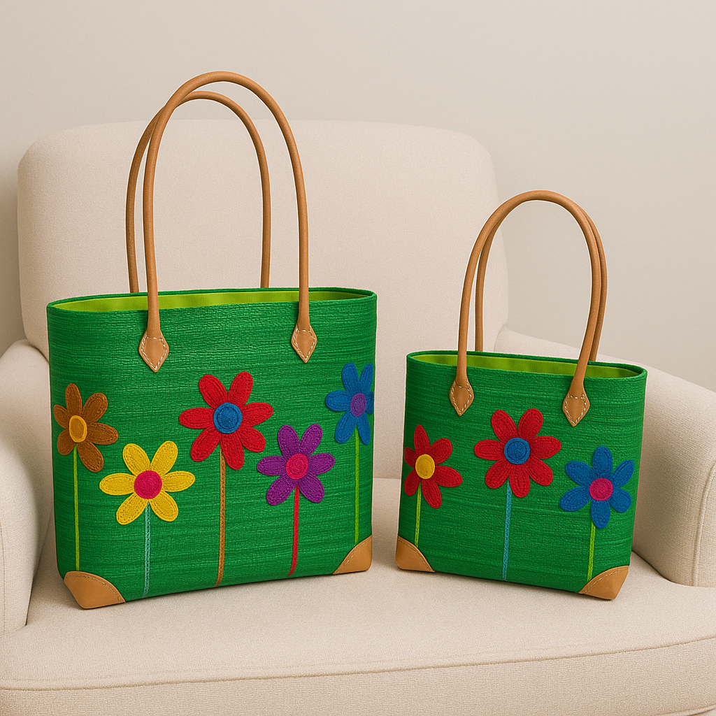 Wildflower Meadow Woven Tote Set — Garden Green — handwoven tote