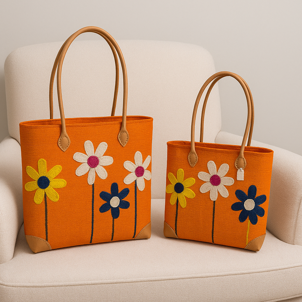 Daisy Days Woven Tote Set — Tangerine — handwoven tote