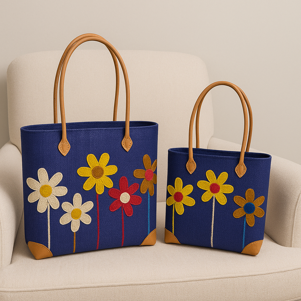 Daisy Days Woven Tote Set — Cobalt Blue — handwoven tote