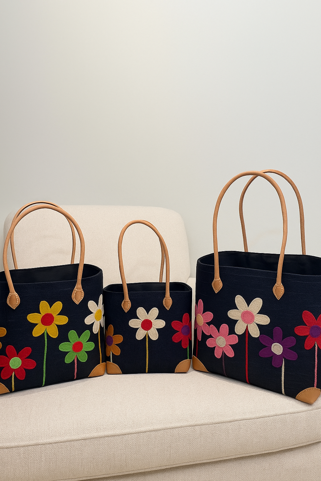 Wildflower Trio Woven Tote Set — Navy (Set of 3) — handwoven tote