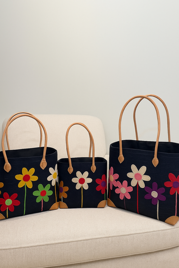 Wildflower Trio Woven Tote Set — Navy (Set of 3) — handwoven tote