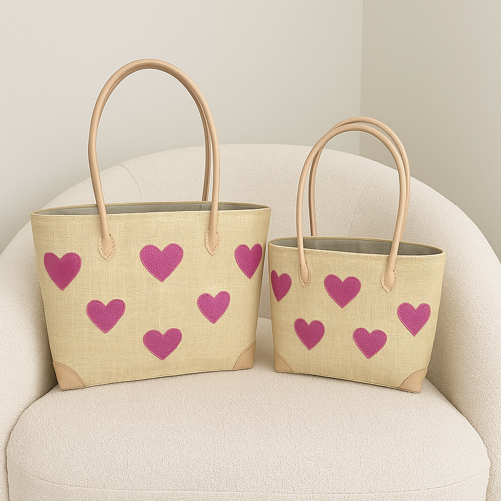 Blush Hearts Woven Tote Set — Ivory — handwoven tote
