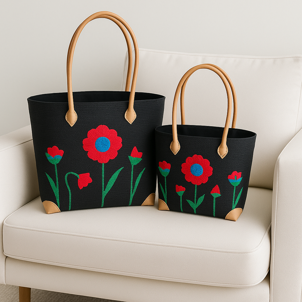 Poppy Field Woven Tote Set — Onyx Black — handwoven tote