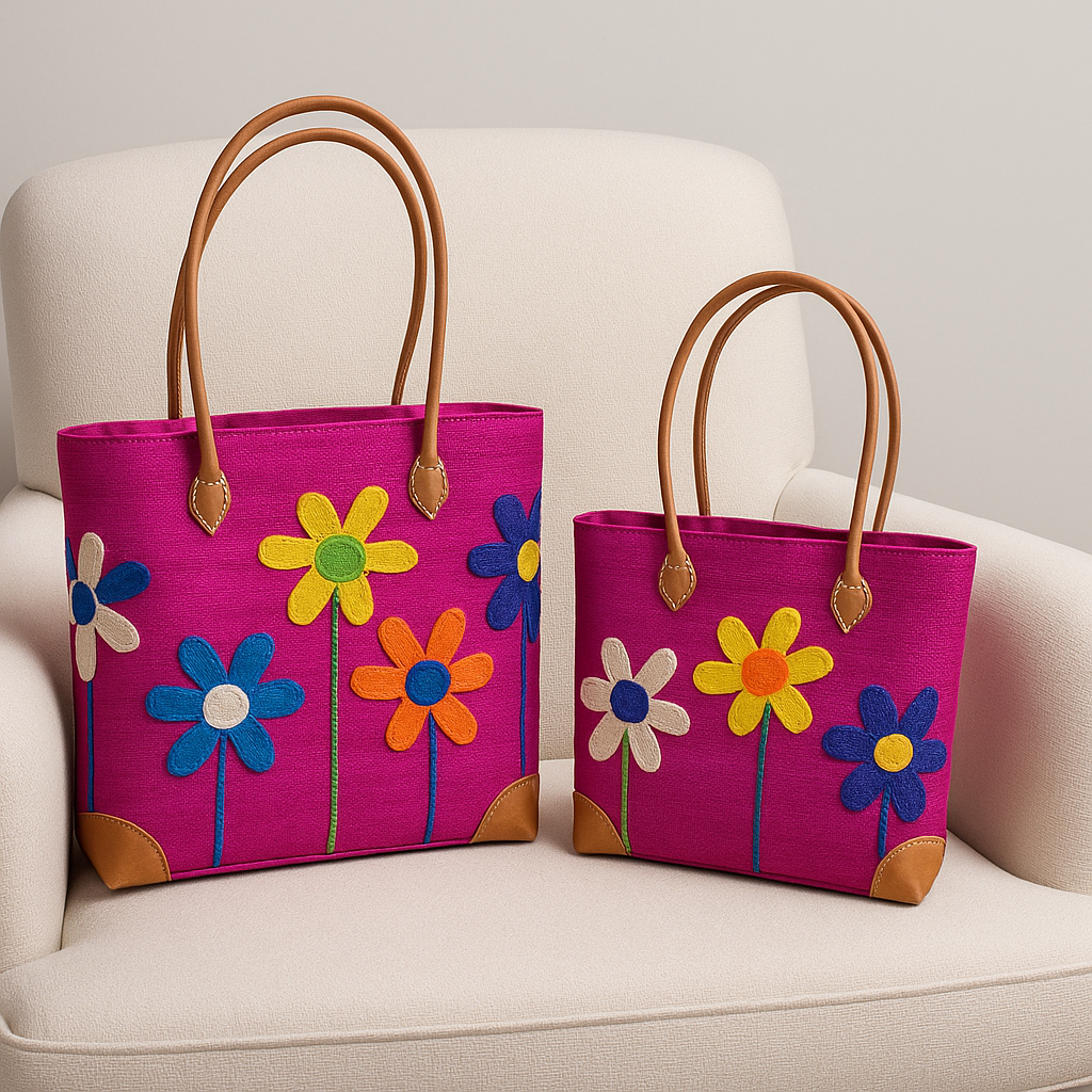 Sunlit Bloom Woven Tote Set — Fuchsia — handwoven tote